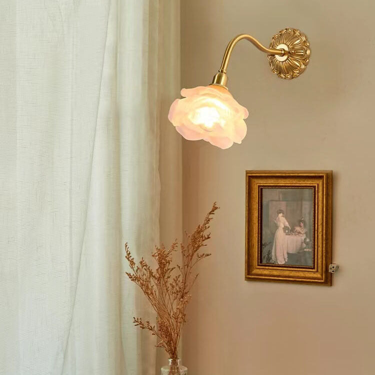 European Light Floral Glass Brass 1-Light Wall Sconce Lamp