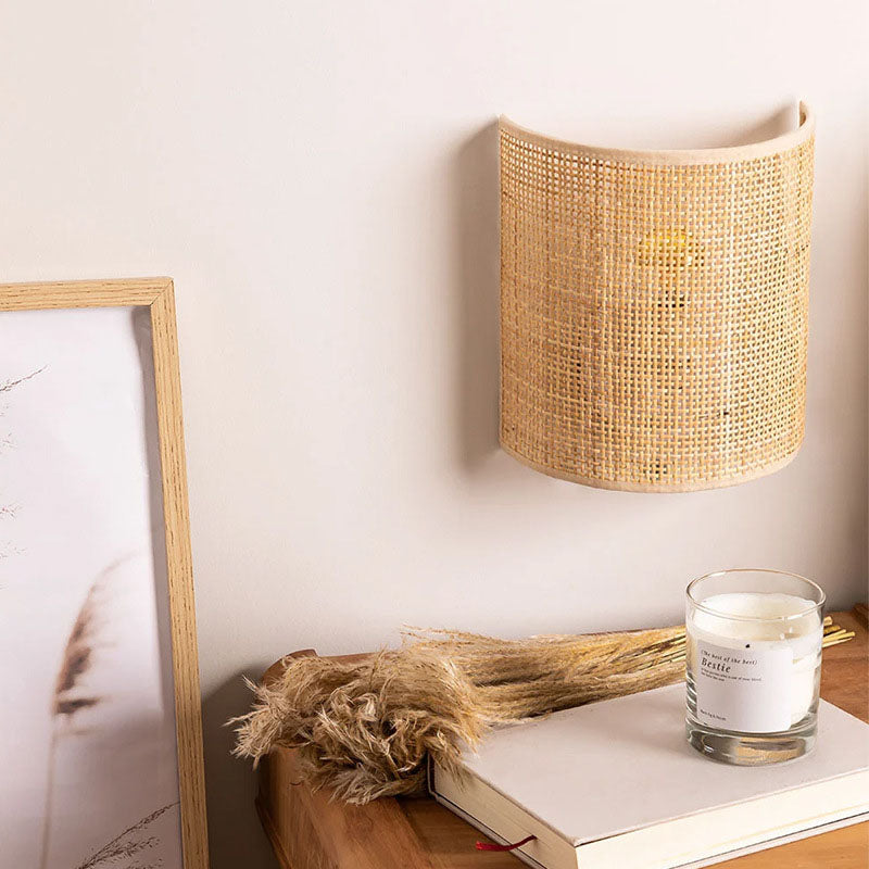 Japanese Rattan Semi-Cylinder 1-Light Wall Sconce Lamp