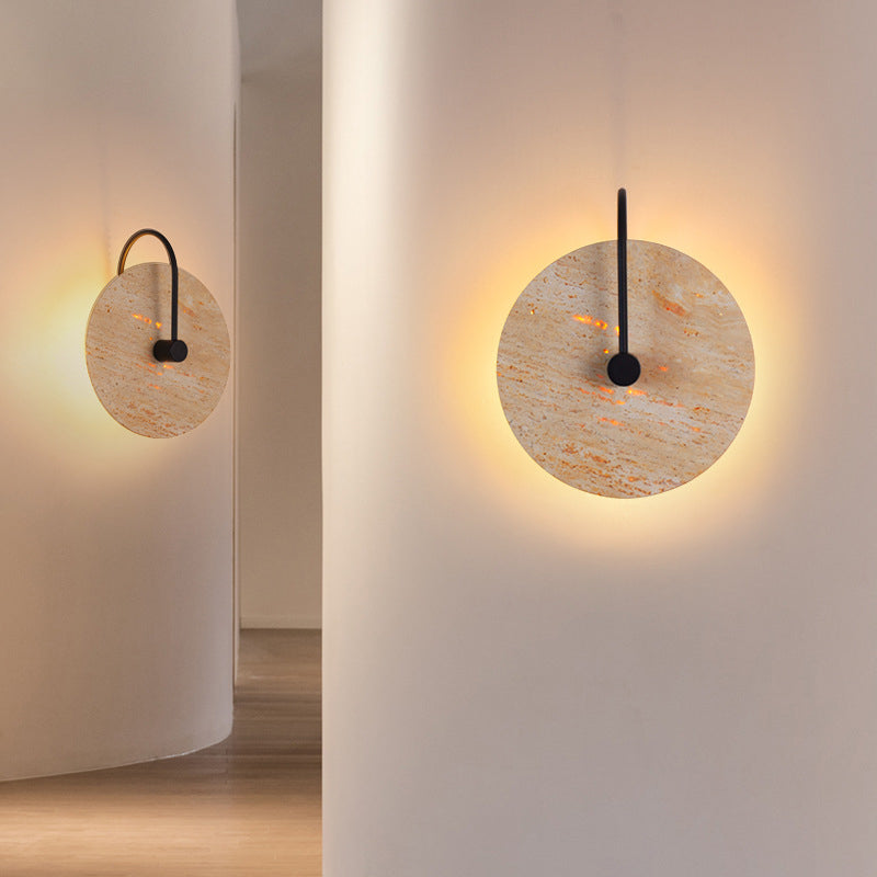 Round Iron Yellow Travertine 1-Light Wall Sconce Lamp