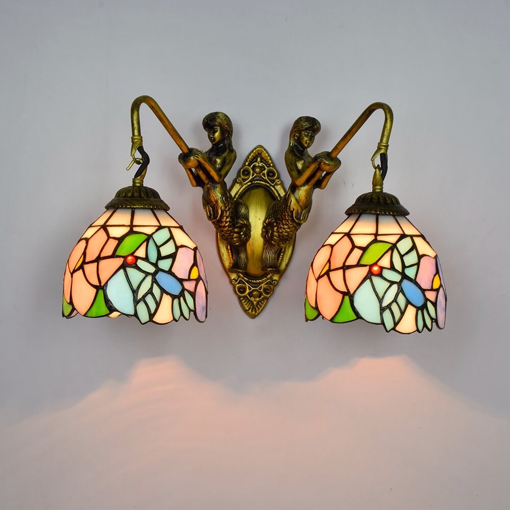 Tiffany Mermaid Stained Glass 2-Light Wall Sconce Lamp
