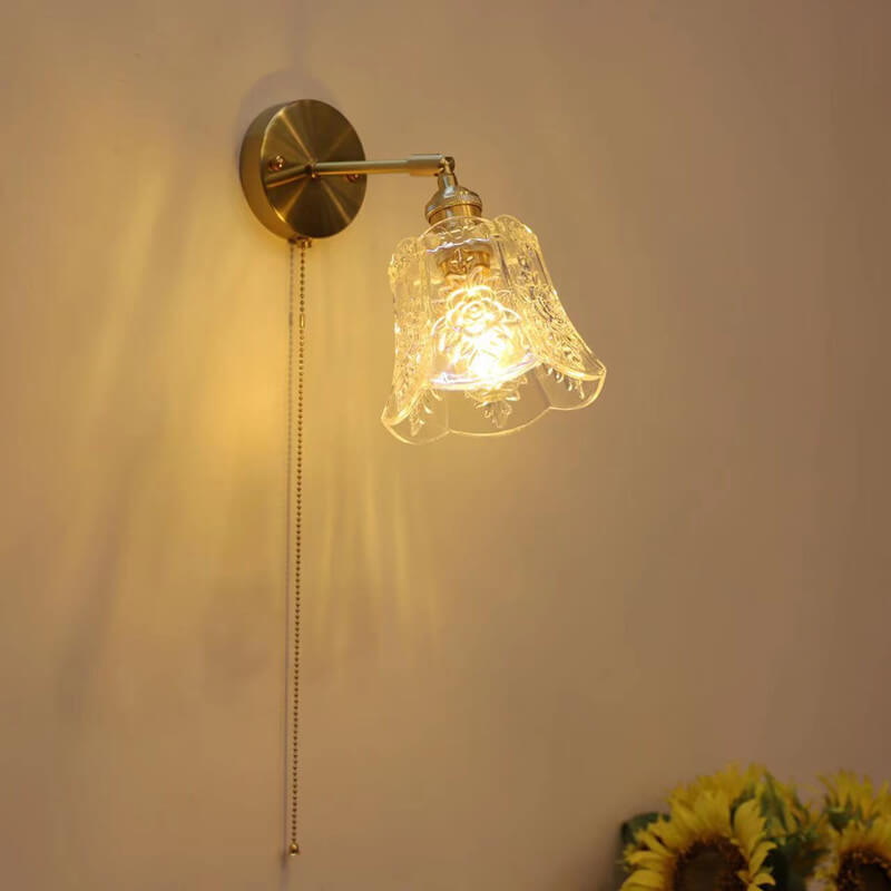 French Light Brass Glass Pull Wire 1-Light Wall Sconce Lamp