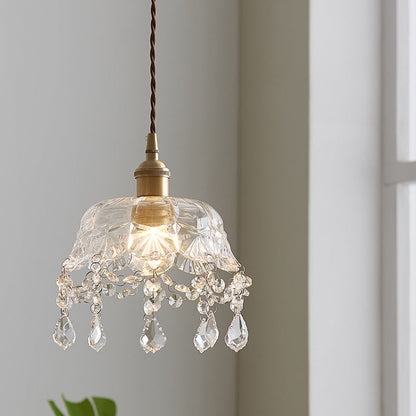 Round Carved Brass Glass Crystal 1-Light Pendant Light