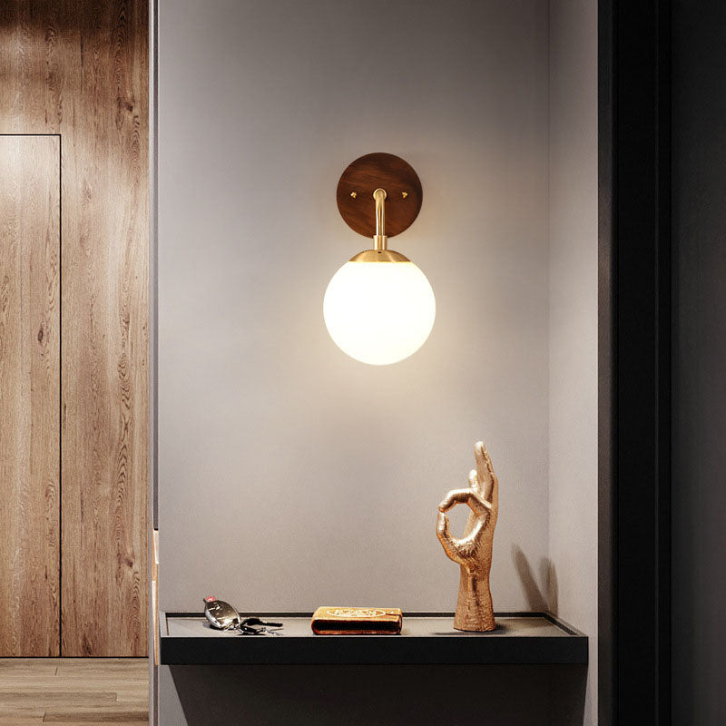 Walnut Brass Glass Round Orb 1-Light Wall Sconce Lamp