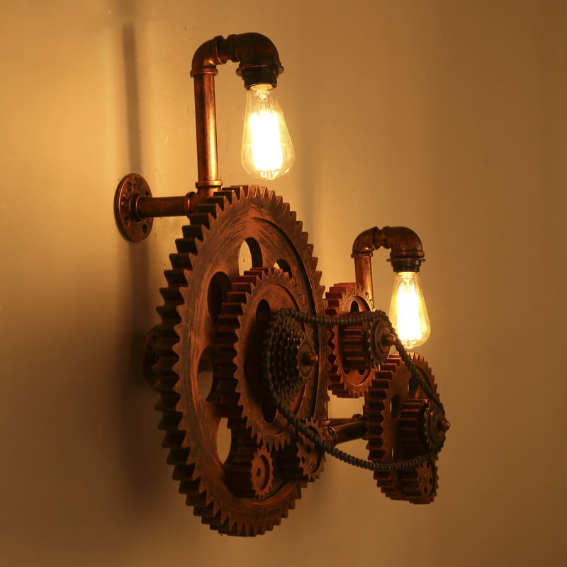 Industrial Iron Water Pipe Gear 2-Light Wall Sconce Lamp