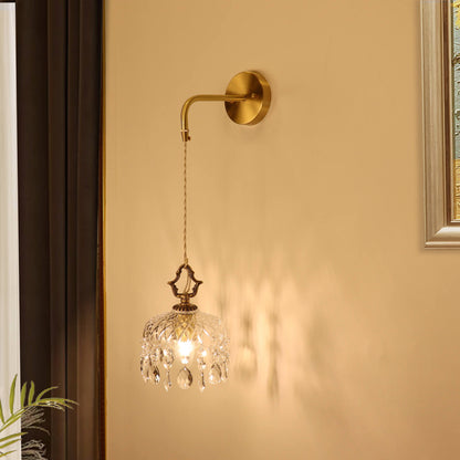 European Light Brass Crystal Glass 1-Light Wall Sconce Lamp