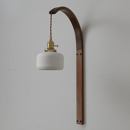 Japanese Shade Wood Curved Pole 1-Light Wall Sconce Lamp
