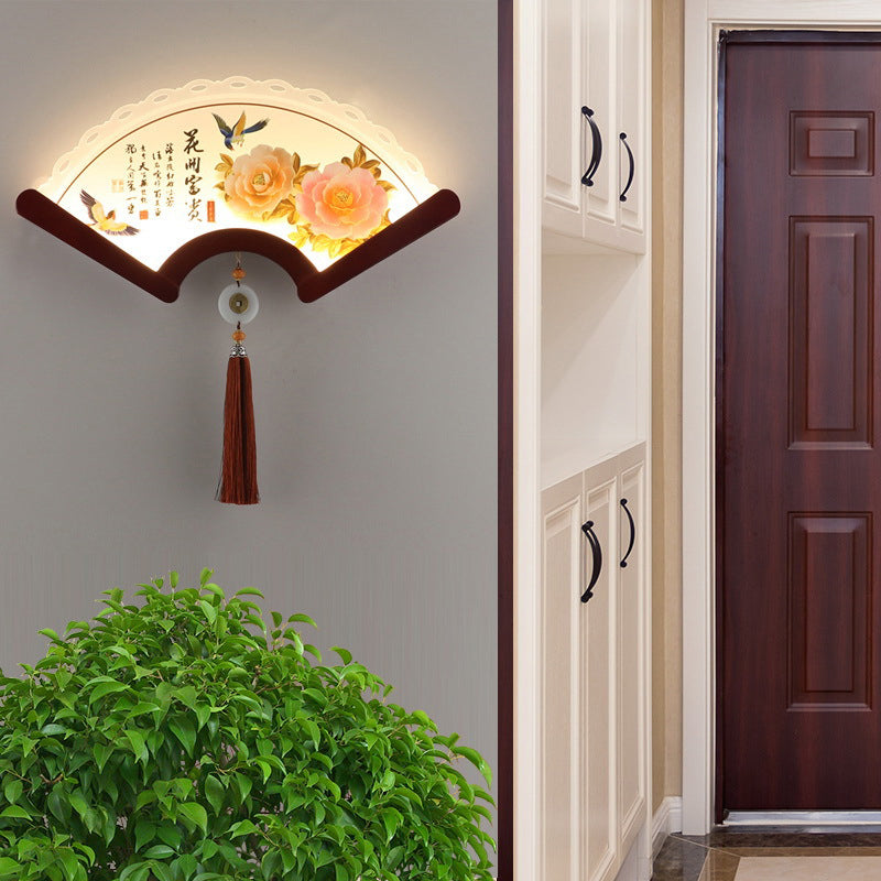 Chinese Elements Shade Wooden Edge LED Wall Sconce Lamp