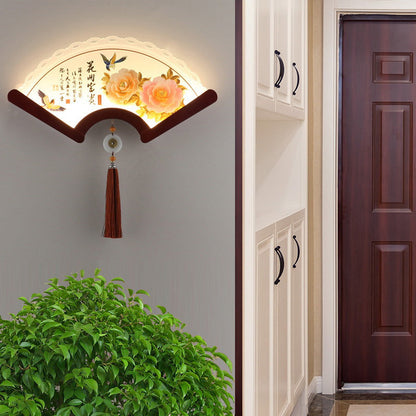 Chinese Elements Shade Wooden Edge LED Wall Sconce Lamp