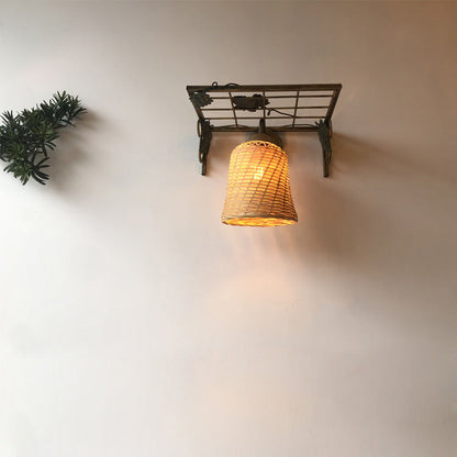 Rectangular Iron Bamboo Woven 1-Light Wall Sconce Lamp