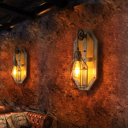 Industrial Pine Wood Iron Cage 1-Light Wall Sconce Lamp