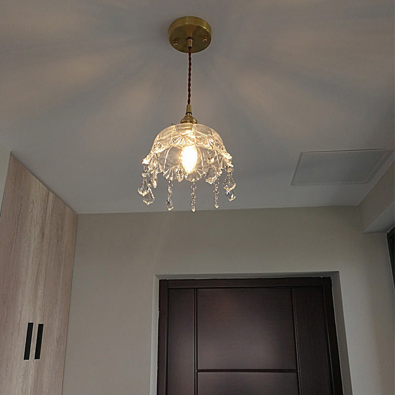 Round Carved Brass Glass Crystal 1-Light Pendant Light