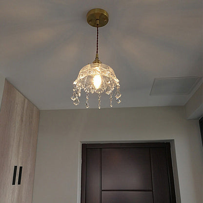 Round Carved Brass Glass Crystal 1-Light Pendant Light