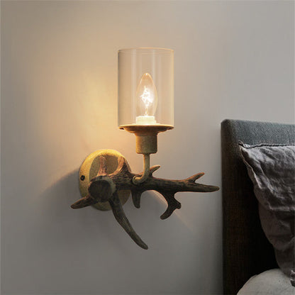 Antler Resin Glass Cylinder 1-Light Wall Sconce Lamp
