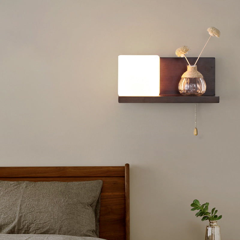 Rectangular Shelf Wood Glass 1-Light Wall Sconce Lamp