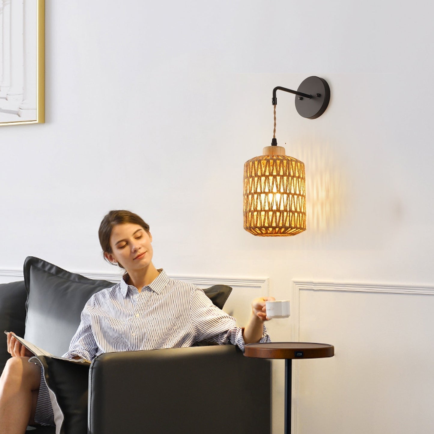 Lantern Weaving Rattan Wood Iron 1-Light Wall Sconce Lamp