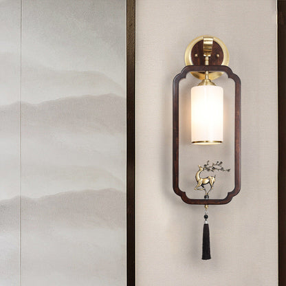 Chinese Rectangular Cylinder Deer 1-Light Wall Sconce Lamp