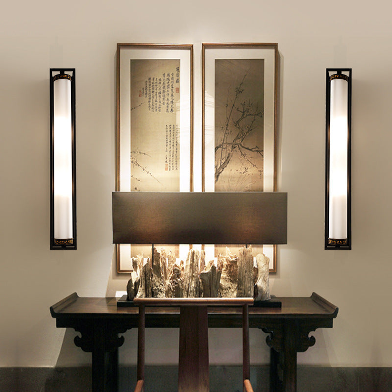 Chinese Glass Rectangular Cylinder 2-Light Wall Sconce Lamp