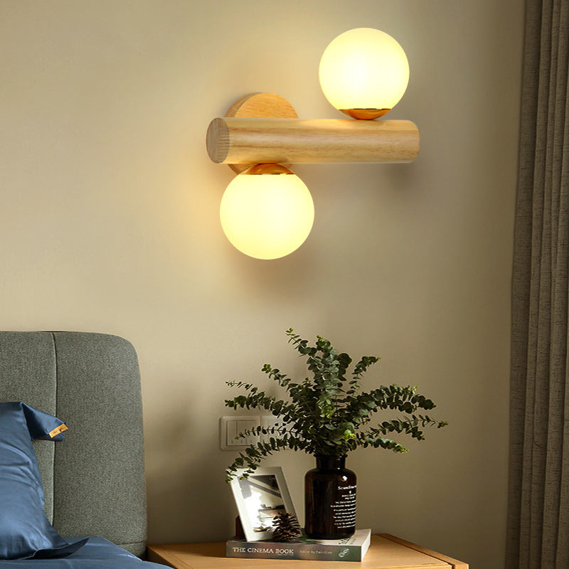 Scandinavian Orb Rubberwood Glass 2-Light Wall Sconce Lamp