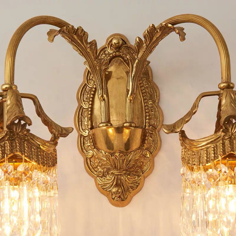 French Carved Leaf Brass Crystal 1/2 Light Wall Sconce Lamp