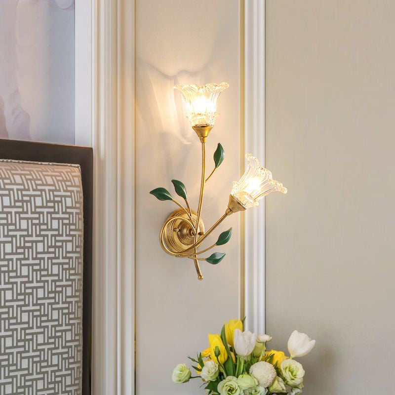 Iron Crystal Glass Flower Leave 2-Light Wall Sconce Lamp
