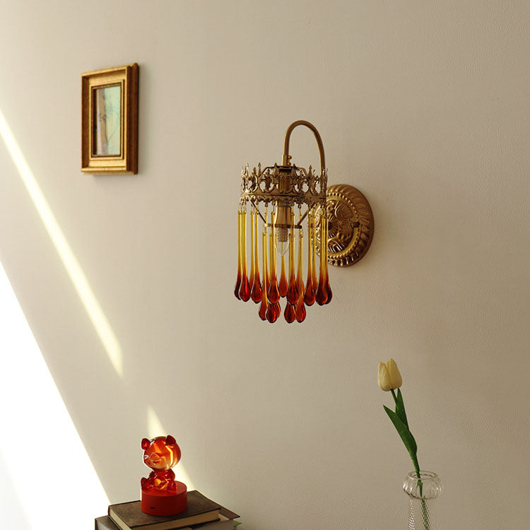 French Brown Water Drop Glass 1-Light Wall Sconce Lamp