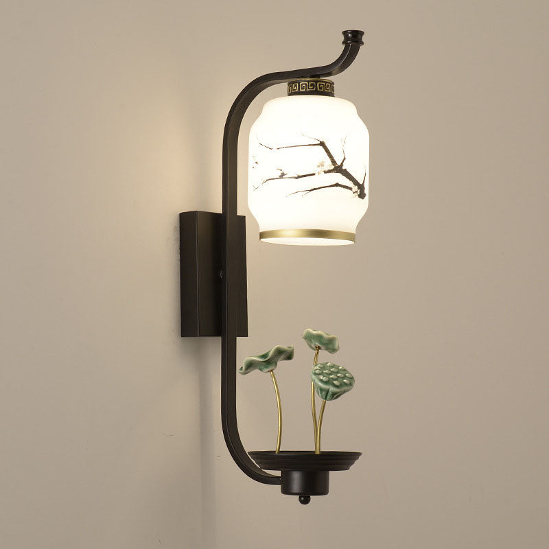 Chinese Ceramic Cylinder Lotus 1-Light Wall Sconce Lamp