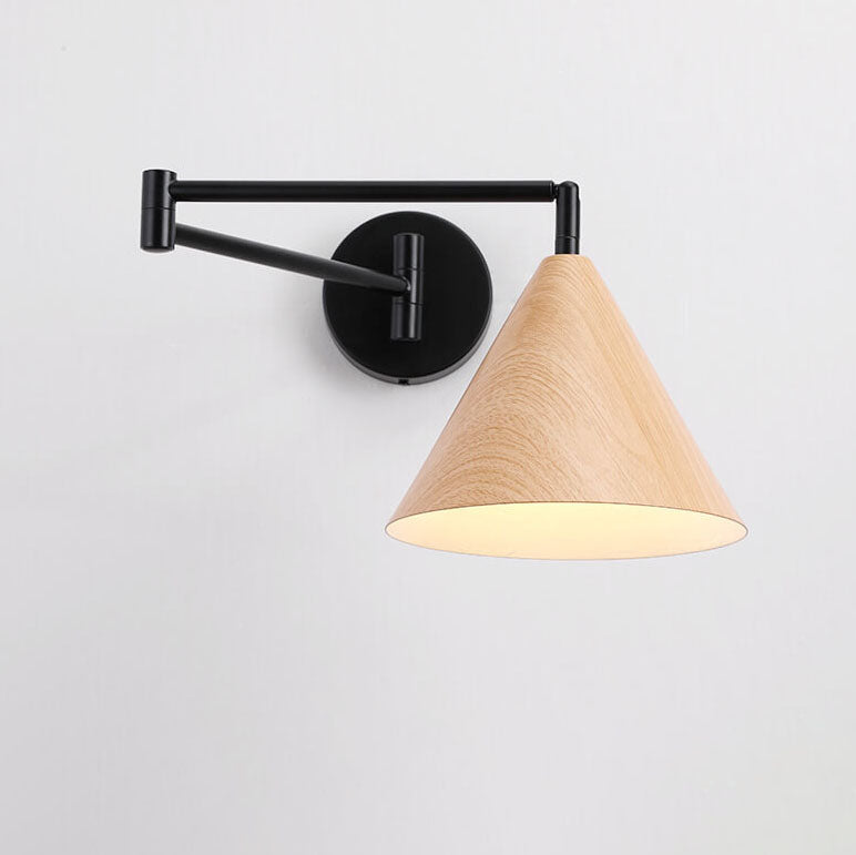 Nordic Minimalist Cone Swing Arm Wood Grain Wall Sconce