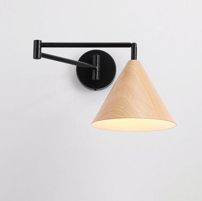 Nordic Minimalist Cone Swing Arm Wood Grain Wall Sconce