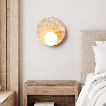 Japanese Yellow Travertine Circle 1-Light Wall Sconce Lamp