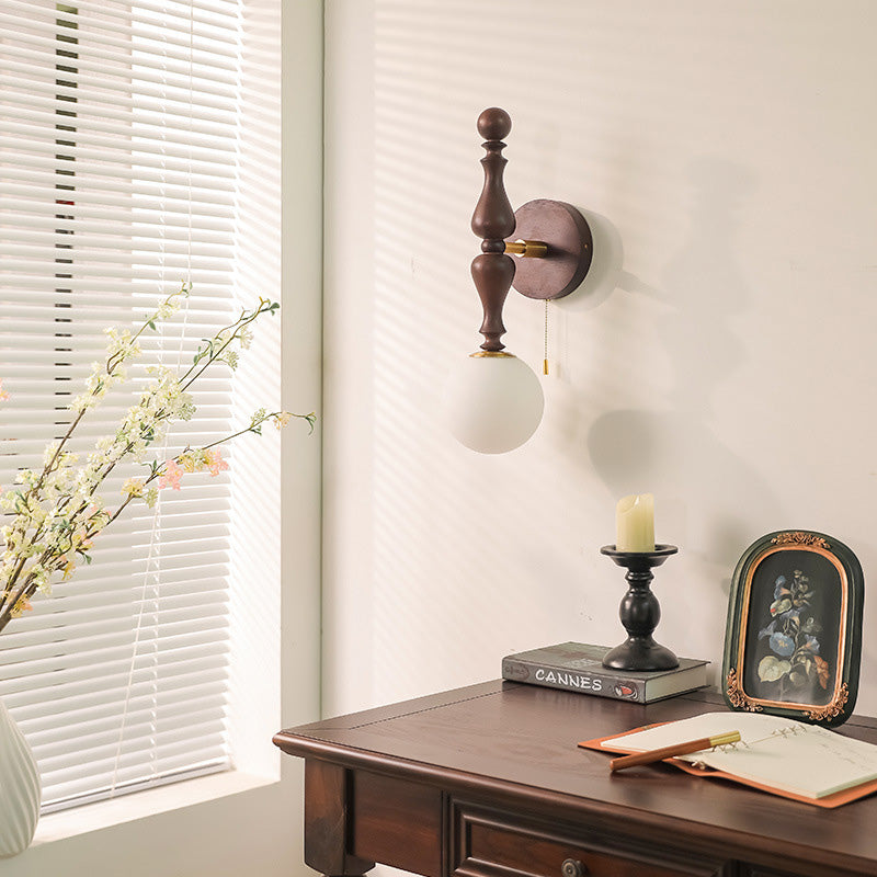 Retro Wood Aluminum Glass Ball 1-Light Wall Sconce Lamp