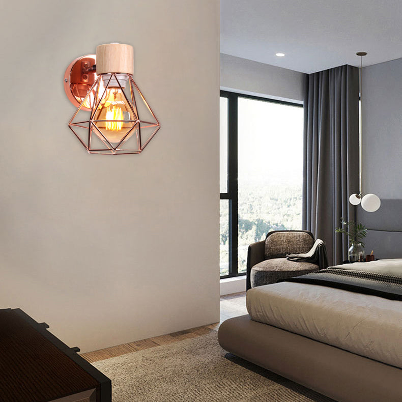 Luxury Iron Wood Polygon Diamond 1-Light Wall Sconce Lamp