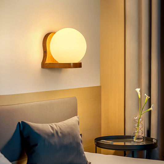 Minimalist Orb Shape Wood Glass 1-Light Wall Sconce Lamp