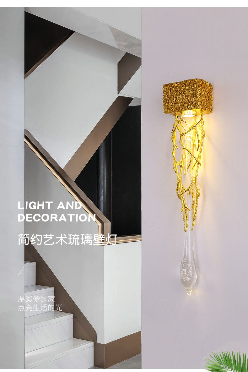Iron Copper Crystal Branch Drop 1-Light Wall Sconce Lamp