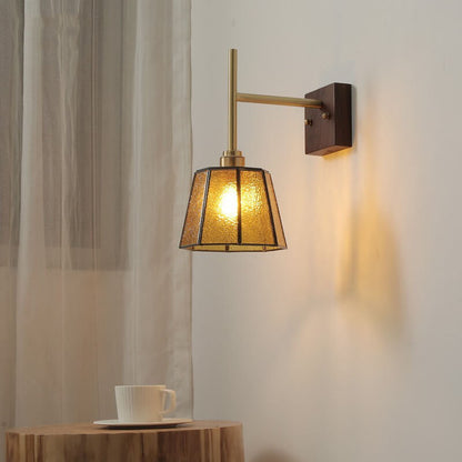 Vintage Amber Glass Shade Walnut 1-Light Wall Sconce Lamp