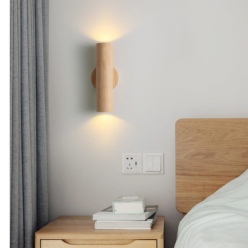 Japanese Rubber Wood Cylinder LED Wall Sconce Lamp