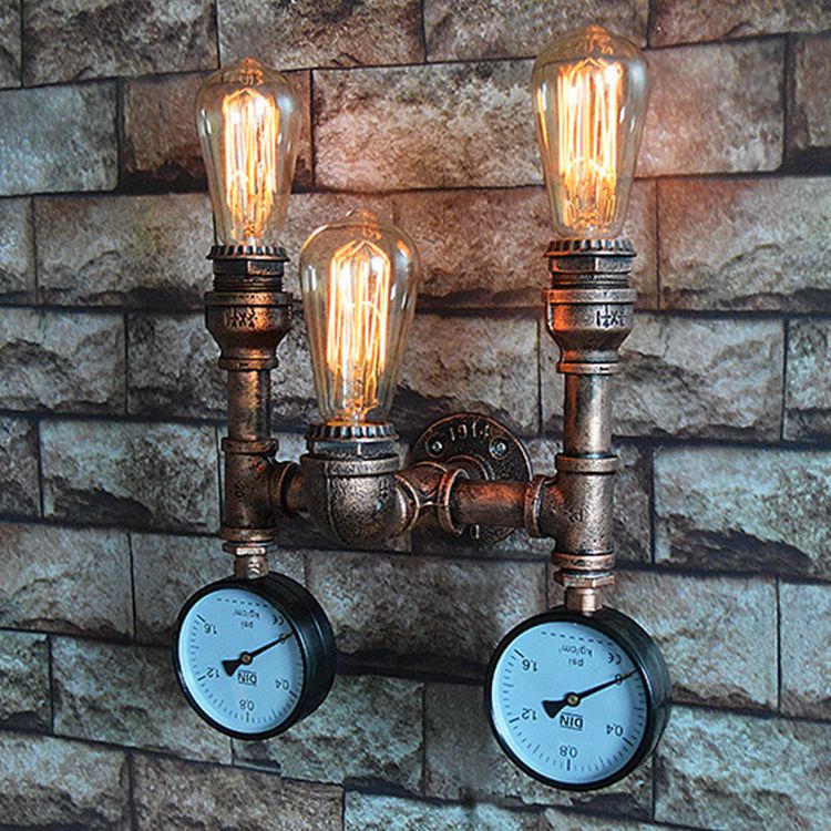 Traditional Iron Pipe Water Meter 3-Light Wall Sconce Lamp