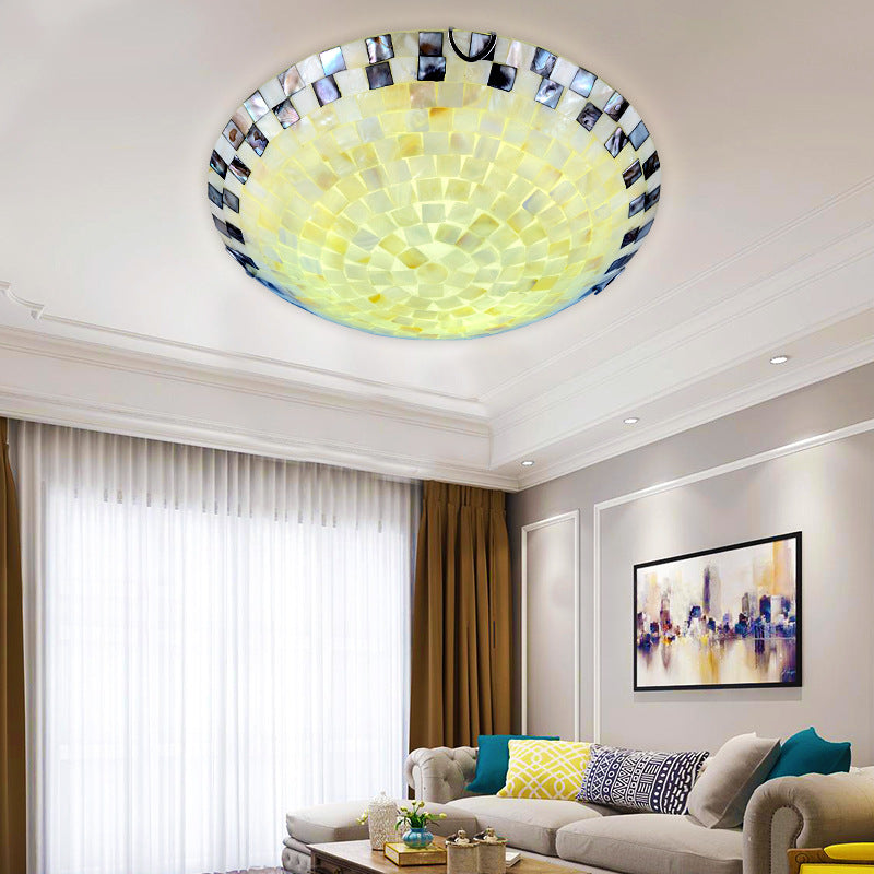 Tiffany Mediterranean Mosaic Shell Round LED Flush Mount Ceiling Light