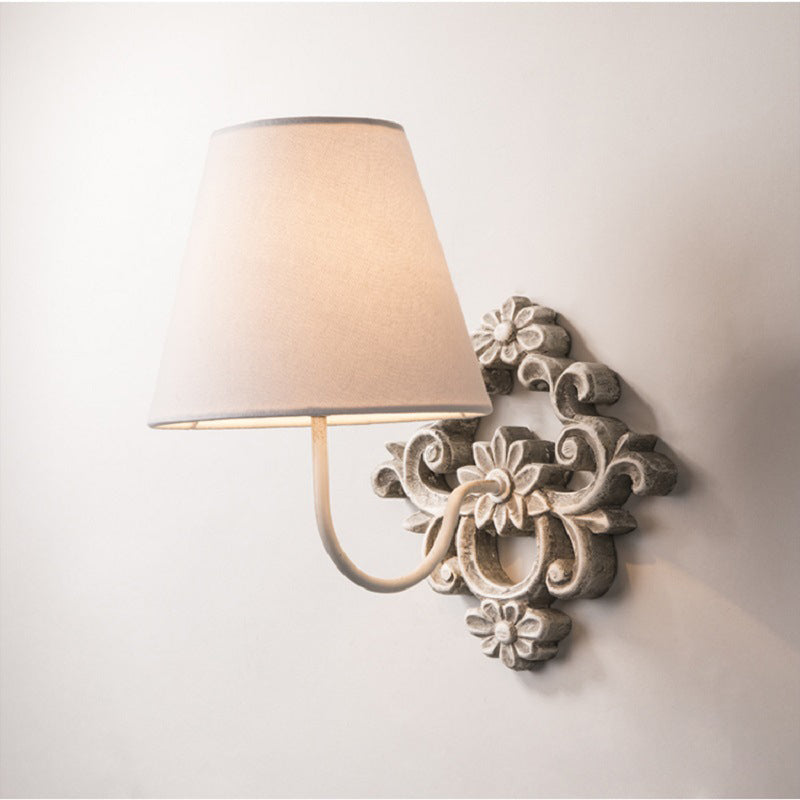 Carved Cylinder Solid Wood Fabric 1-Light Wall Sconce Lamp