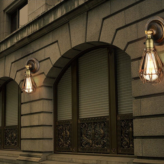 Industrial Iron Bronze Round Frame 1-Light Wall Sconce Lamp