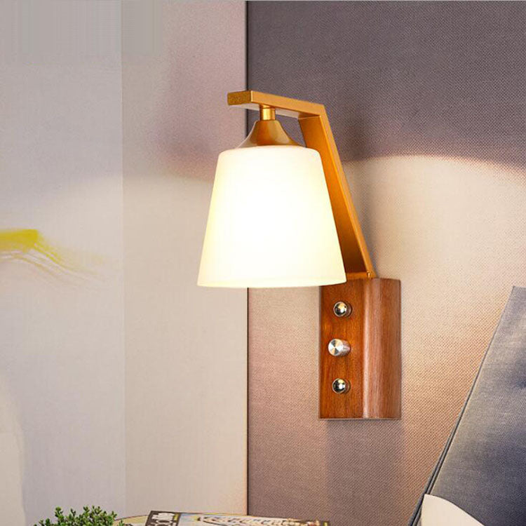 Transitional Cylinder Wood Glass 1-Light Wall Sconce Lamp
