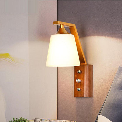Transitional Cylinder Wood Glass 1-Light Wall Sconce Lamp