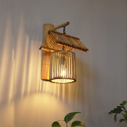 House Bamboo Weaving Cylinder 1-Light Wall Sconce Lamp