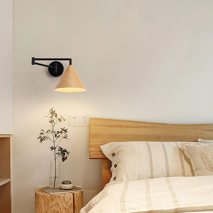 Nordic Minimalist Cone Swing Arm Wood Grain Wall Sconce