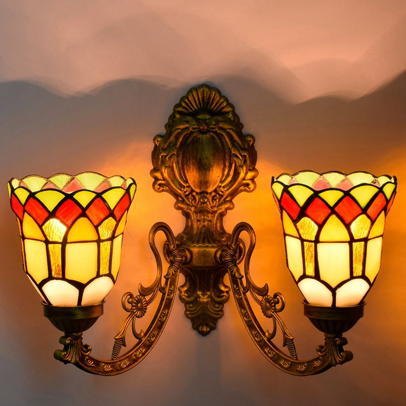 Tiffany Resin Glass Bell Shade 2-Light Wall Sconce Lamp