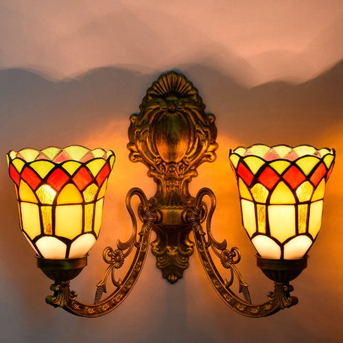 Tiffany Resin Glass Bell Shade 2-Light Wall Sconce Lamp