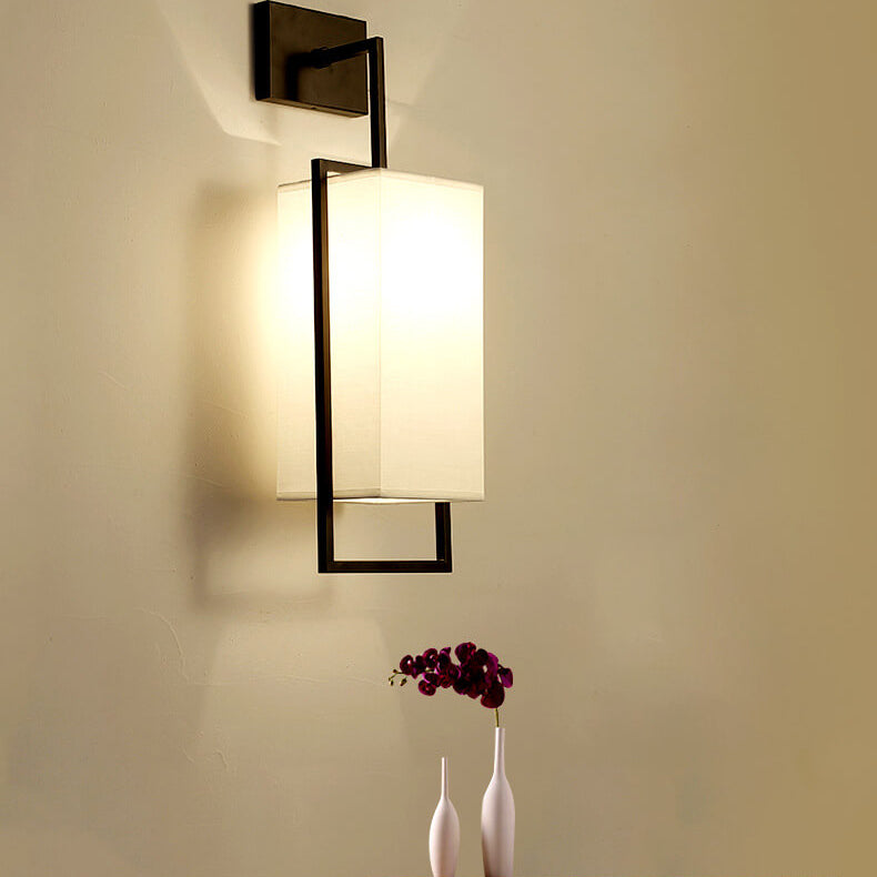 Chinese Square Fabric Iron Frame 1-Light Wall Sconce Lamp