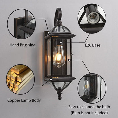 Copper Glass Lantern 1-Light Waterproof Wall Sconce Lamp