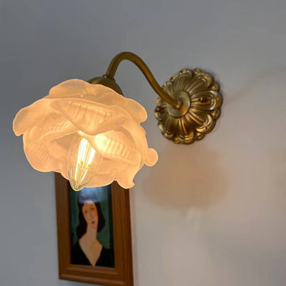 European Light Floral Glass Brass 1-Light Wall Sconce Lamp