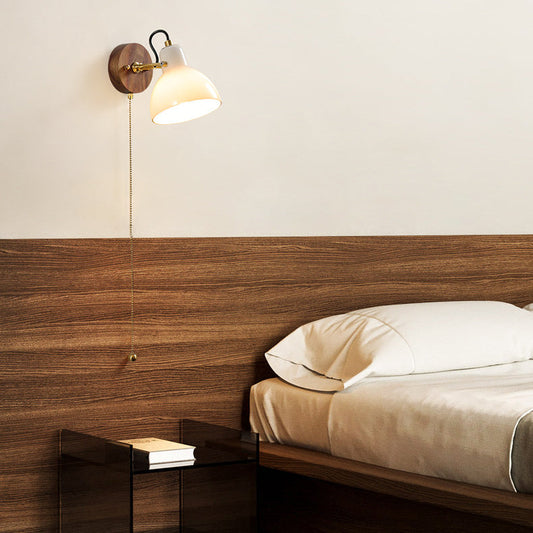 Simplicity Wood Glass Round Conic 1-Light Wall Sconce Lamp