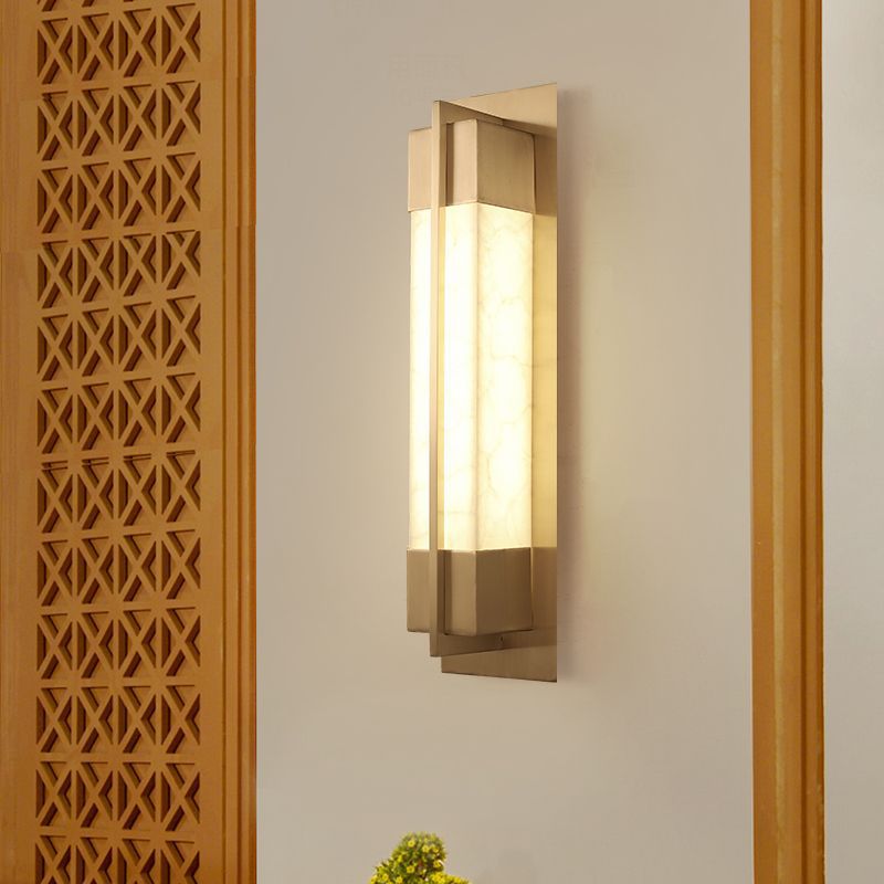 Chinese Copper Faux Marble Rectangular LED Wall Sconce Lamp
